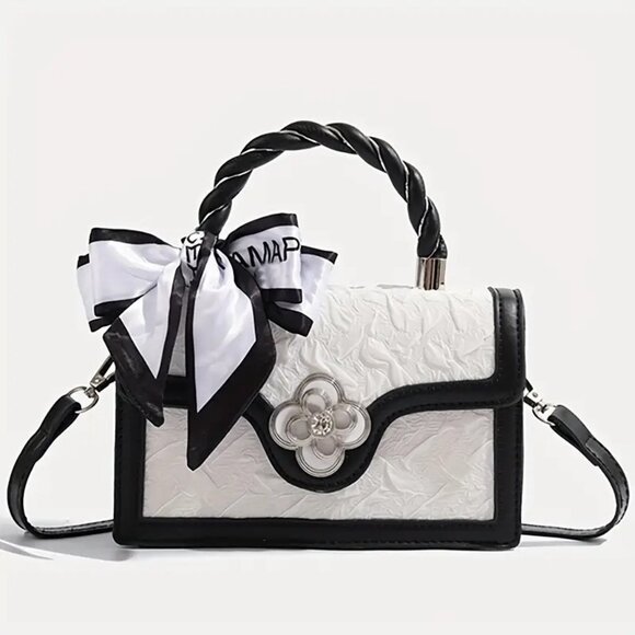 Chic Black/White Textures Floral Mini Crossbody Top Handle Bag w/Twilly - Picture 4 of 13